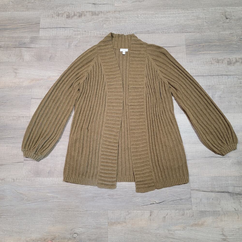 Garnet Hill Organic Cotton Chunky Knit Cardigan Sweater Puff Sleeves Pockets Top